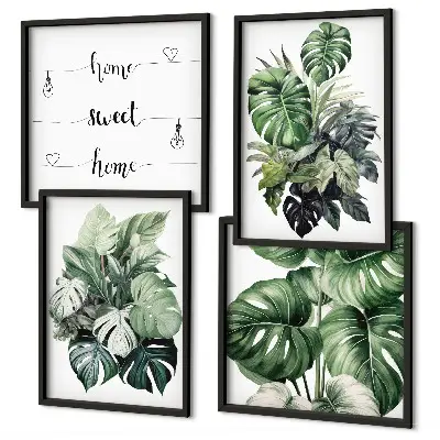Conjunto de quadros com folhas tropicais verdes em aquarela