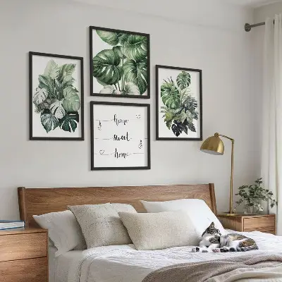 Conjunto de quadros com folhas tropicais verdes em aquarela