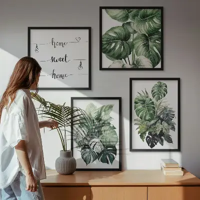 Conjunto de quadros com folhas tropicais verdes em aquarela