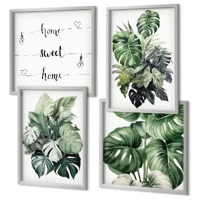 Conjunto de quadros com folhas tropicais verdes em aquarela