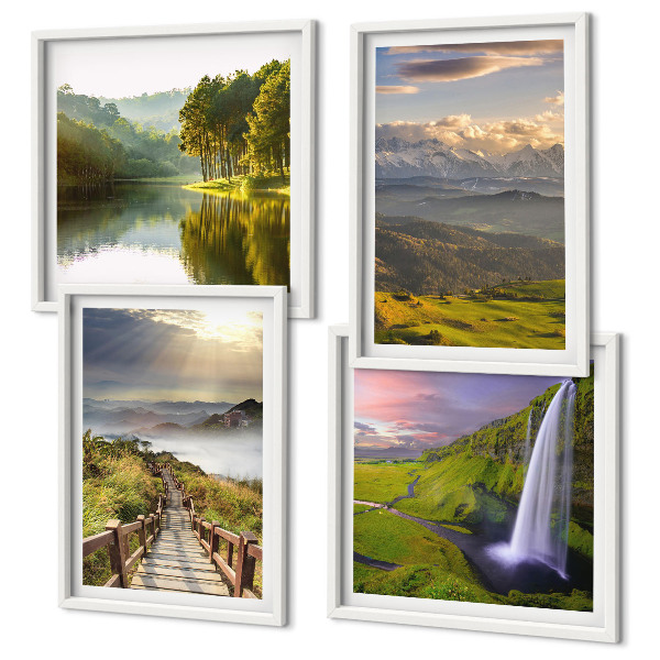 Conjunto de 4 quadros com moldura Paisagens montanhosas com cachoeira
