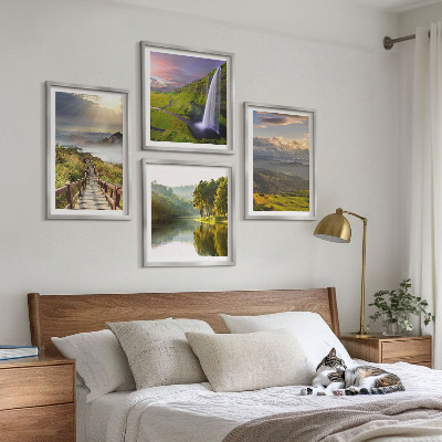 Conjunto de 4 quadros com moldura Paisagens montanhosas com cachoeira