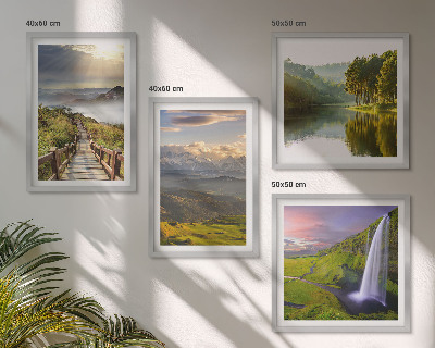 Conjunto de 4 quadros com moldura Paisagens montanhosas com cachoeira