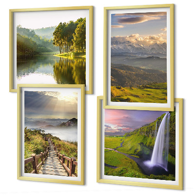 Conjunto de 4 quadros com moldura Paisagens montanhosas com cachoeira