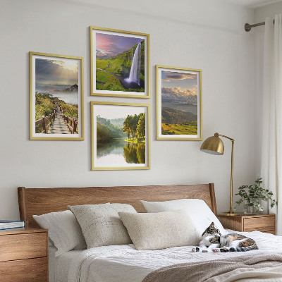 Conjunto de 4 quadros com moldura Paisagens montanhosas com cachoeira