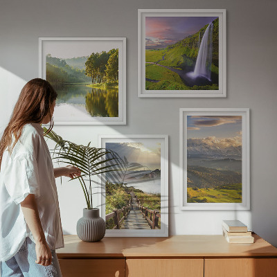 Conjunto de 4 quadros com moldura Paisagens montanhosas com cachoeira