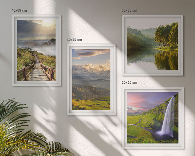 Conjunto de 4 quadros com moldura Paisagens montanhosas com cachoeira