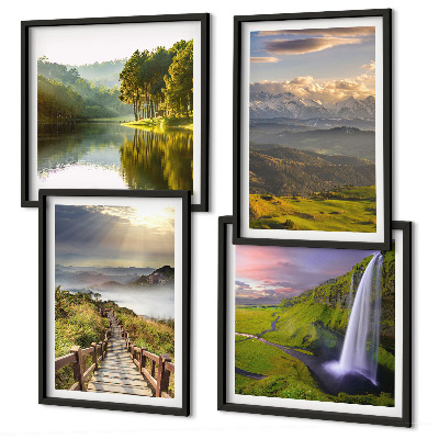 Conjunto de 4 quadros com moldura Paisagens montanhosas com cachoeira