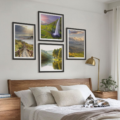 Conjunto de 4 quadros com moldura Paisagens montanhosas com cachoeira