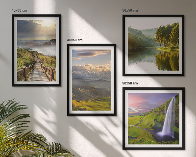 Conjunto de 4 quadros com moldura Paisagens montanhosas com cachoeira