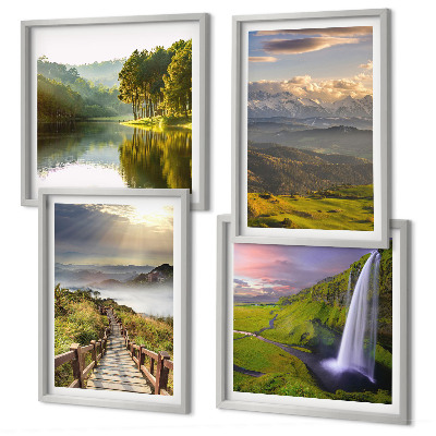 Conjunto de 4 quadros com moldura Paisagens montanhosas com cachoeira