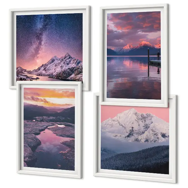 Conjunto de 4 quadros com moldura de montanhas com paisagens de água