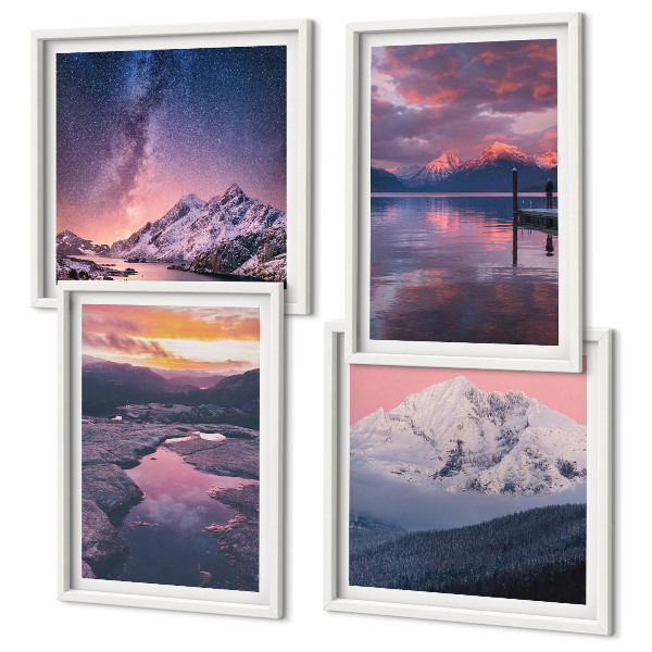 Conjunto de 4 quadros com moldura Montanhas, água, paisagens belíssimas