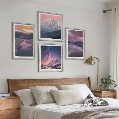 Conjunto de 4 quadros com moldura de montanhas com paisagens de água