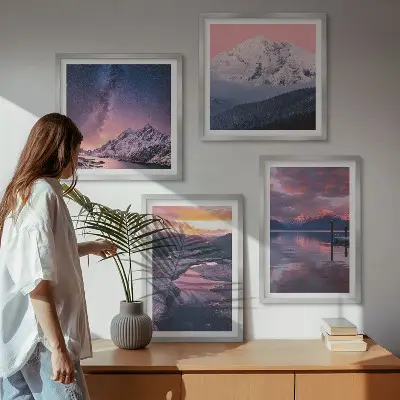 Conjunto de 4 quadros com moldura de montanhas com paisagens de água