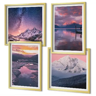 Conjunto de 4 quadros com moldura de montanhas com paisagens de água