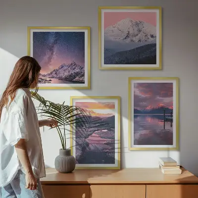 Conjunto de 4 quadros com moldura de montanhas com paisagens de água