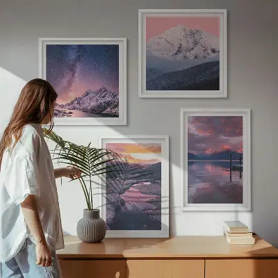Conjunto de 4 quadros com moldura de montanhas com paisagens de água