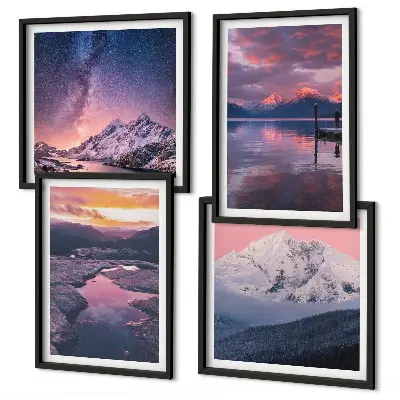 Conjunto de 4 quadros com moldura de montanhas com paisagens de água