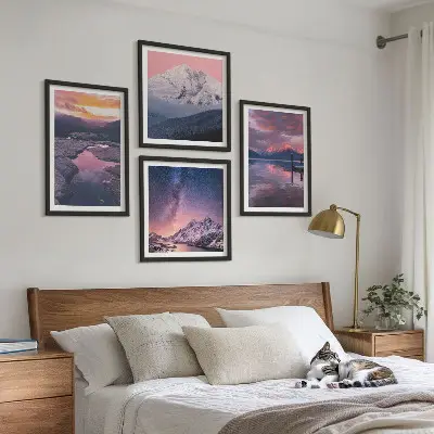 Conjunto de 4 quadros com moldura de montanhas com paisagens de água