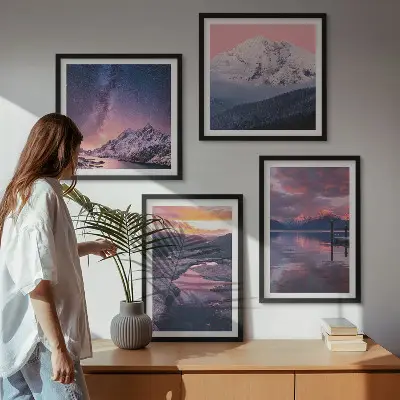 Conjunto de 4 quadros com moldura de montanhas com paisagens de água