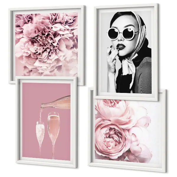 Conjunto de 4 quadros com moldura de flores peônias rosas e elegância