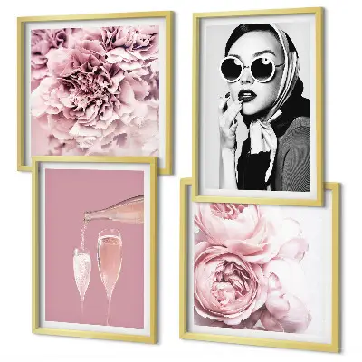 Conjunto de 4 quadros com moldura de flores peônias rosas e elegância