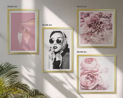 Conjunto de 4 quadros com moldura de flores peônias rosas e elegância