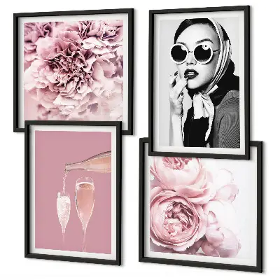Conjunto de 4 quadros com moldura de flores peônias rosas e elegância