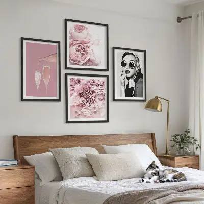 Conjunto de 4 quadros com moldura de flores peônias rosas e elegância
