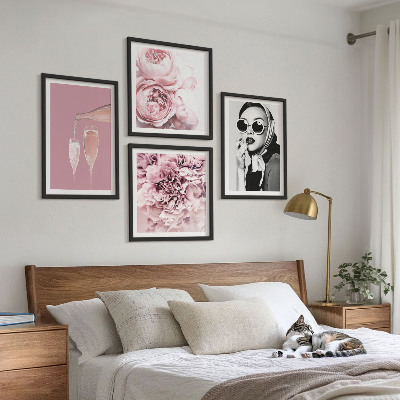 Conjunto de 4 quadros com moldura Flores peônias rosas elegância