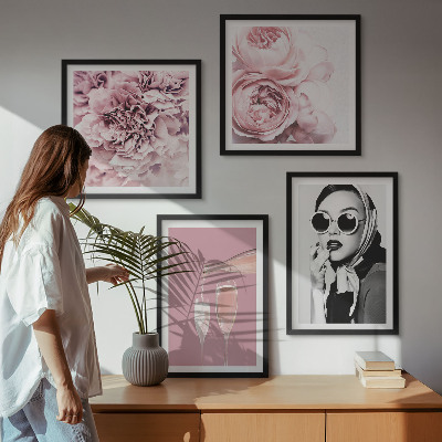 Conjunto de 4 quadros com moldura Flores peônias rosas elegância
