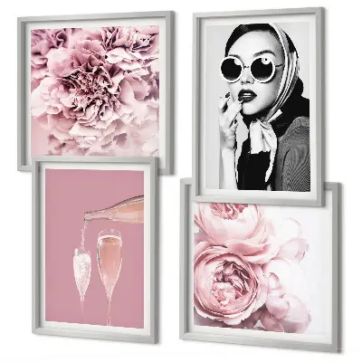 Conjunto de 4 quadros com moldura de flores peônias rosas e elegância