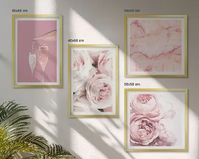 Composição de quadros rosas champanhe com fundo mármore pastel