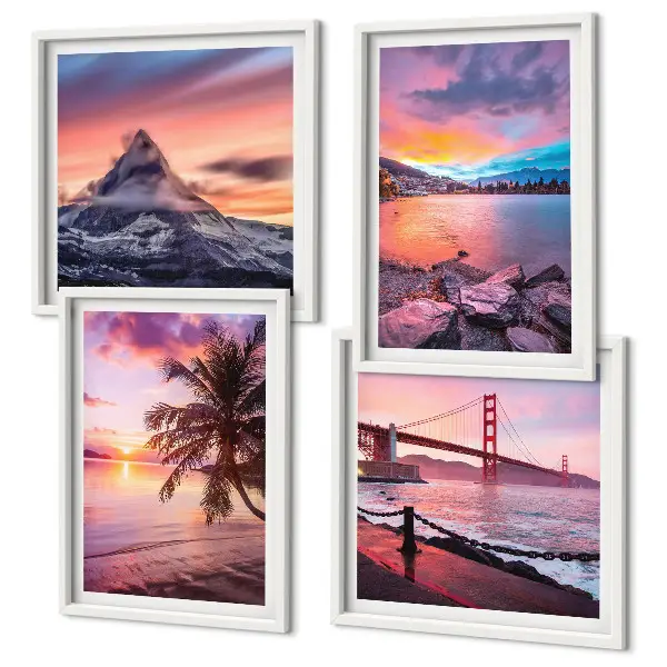 Conjunto de 4 quadros com moldura paisagem de ponte ao pôr do sol