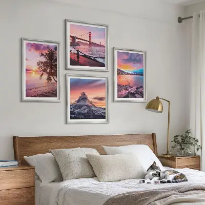 Conjunto de 4 quadros com moldura paisagem de ponte ao pôr do sol