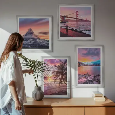 Conjunto de 4 quadros com moldura paisagem de ponte ao pôr do sol