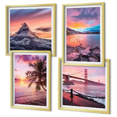 Conjunto de 4 quadros com moldura paisagem de ponte ao pôr do sol