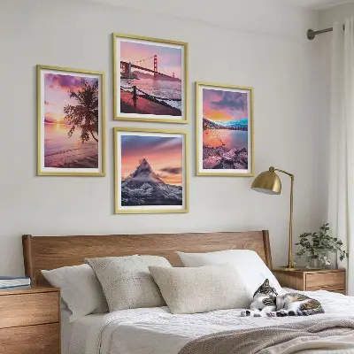 Conjunto de 4 quadros com moldura paisagem de ponte ao pôr do sol
