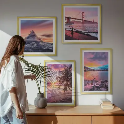Conjunto de 4 quadros com moldura paisagem de ponte ao pôr do sol