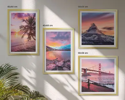 Conjunto de 4 quadros com moldura paisagem de ponte ao pôr do sol