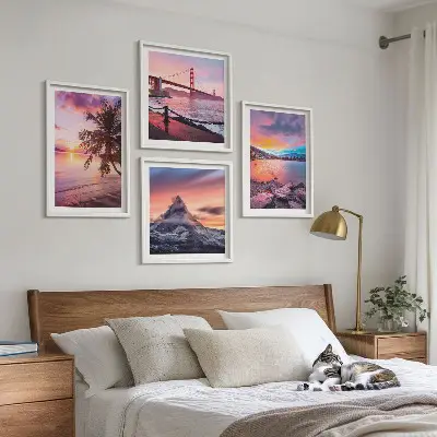 Conjunto de 4 quadros com moldura paisagem de ponte ao pôr do sol
