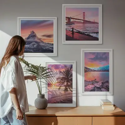 Conjunto de 4 quadros com moldura paisagem de ponte ao pôr do sol