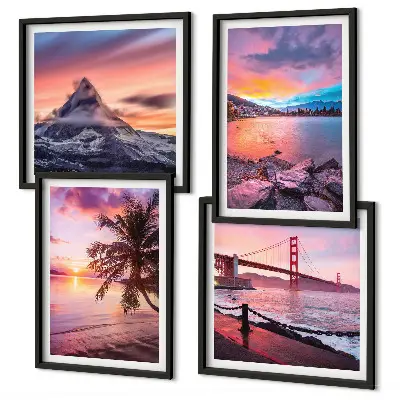 Conjunto de 4 quadros com moldura paisagem de ponte ao pôr do sol