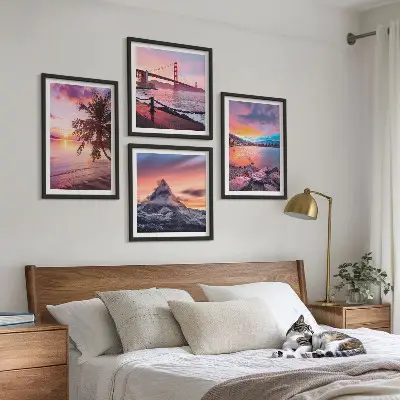 Conjunto de 4 quadros com moldura paisagem de ponte ao pôr do sol