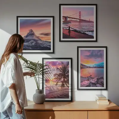 Conjunto de 4 quadros com moldura paisagem de ponte ao pôr do sol