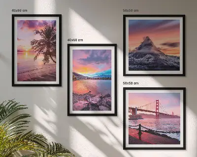 Conjunto de 4 quadros com moldura paisagem de ponte ao pôr do sol