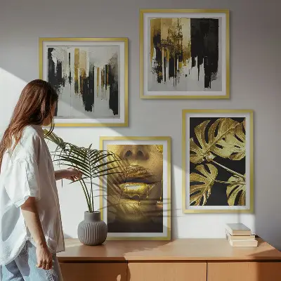 Pintura abstrata de folhas políptico com moldura