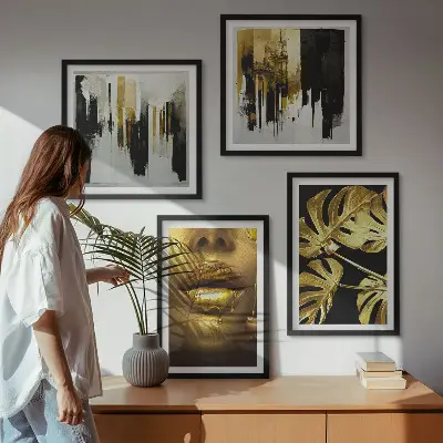 Pintura abstrata de folhas políptico com moldura
