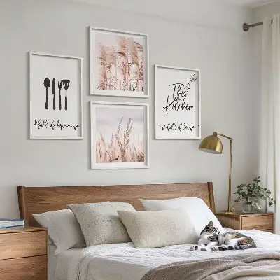 Composição de quadros letras decorativas estilo boho para cozinha